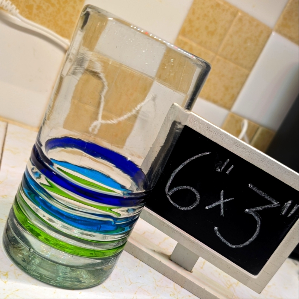 Handblown vintage heavy fused glass graduated blue to green ringed 20oz tumbler‎